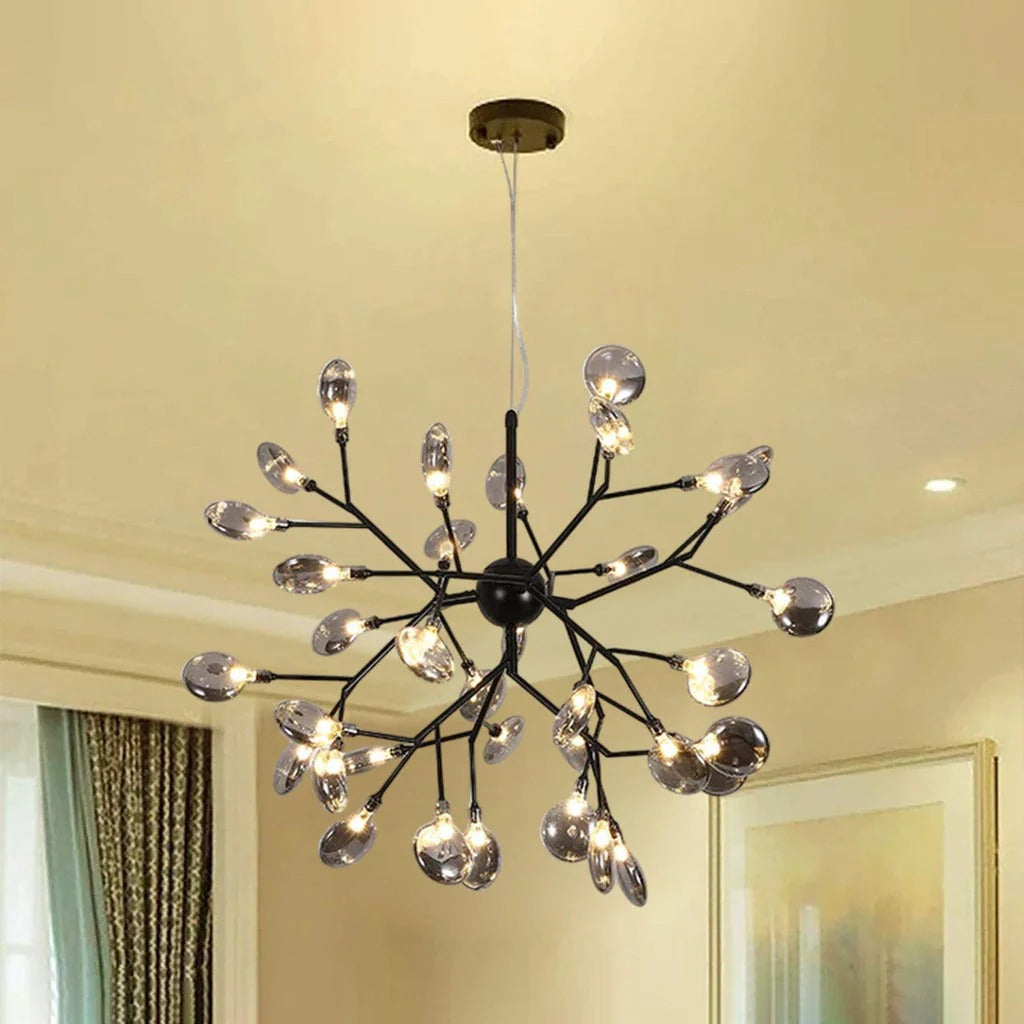 36 Lights Amber/ Smoke Ball Firefly Black Chandelier